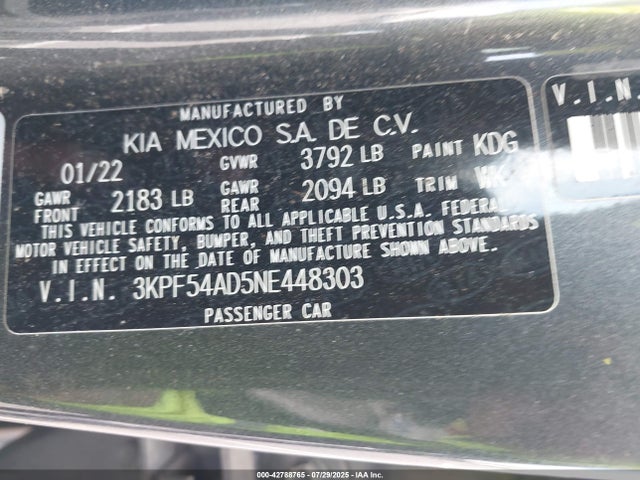 3KPF54AD5NE448303 KIA mpi nu