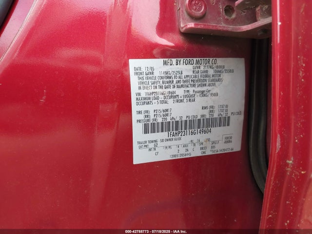 2006 FORD FIVE HUNDRED 1FAHP23116G149604 Photo 8