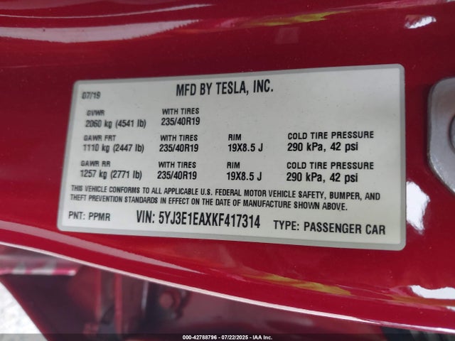 2019 TESLA MODEL 3 5YJ3E1EAXKF417314 Photo 8