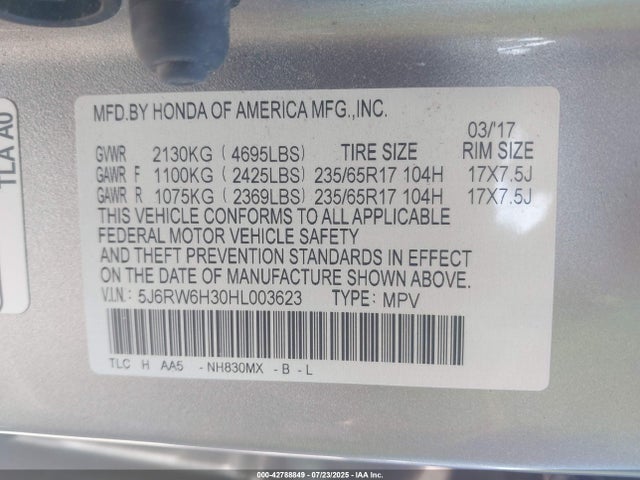 5J6RW6H30HL003623 Honda k24w9/k24v9