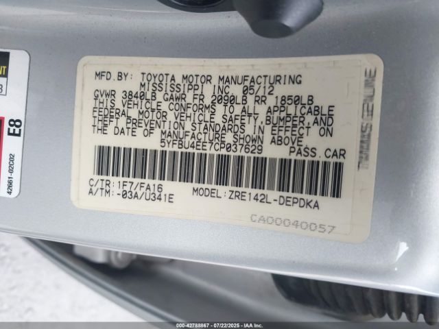 2012 TOYOTA COROLLA 5YFBU4EE7CP037629 Photo 8