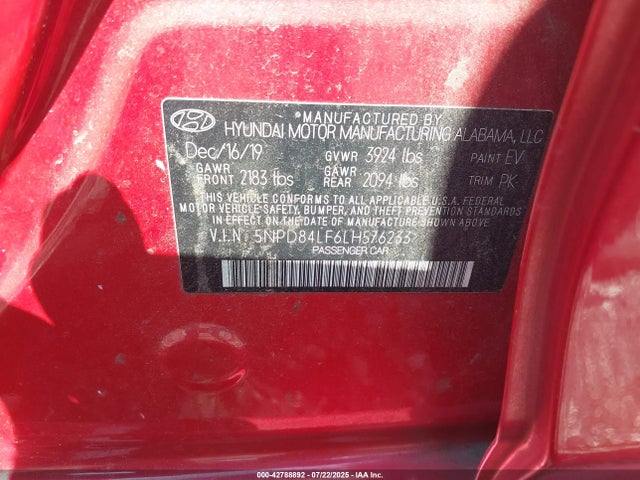 5NPD84LF6LH576233 Hyundai mpi nu