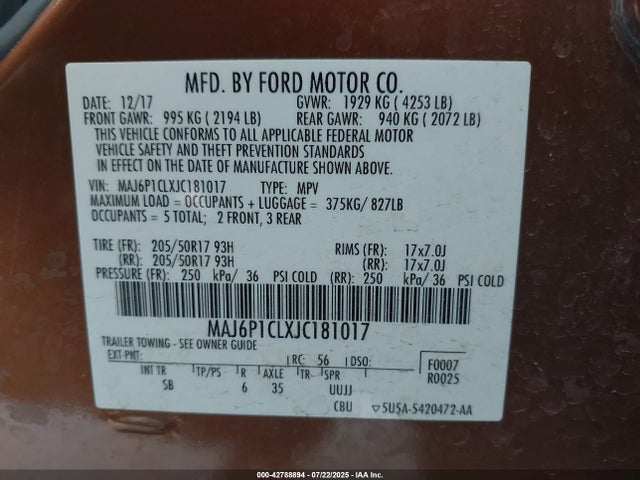 MAJ6P1CLXJC181017 Ford 2018