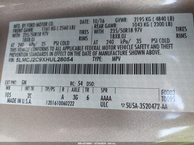 5LMCJ2C9XHUL28054 Lincoln 2.0l ecoboost