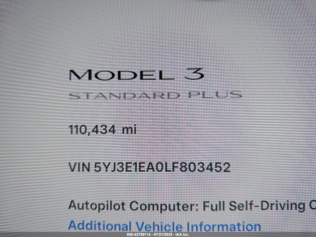 5YJ3E1EA0LF803452 Tesla MODEL 3