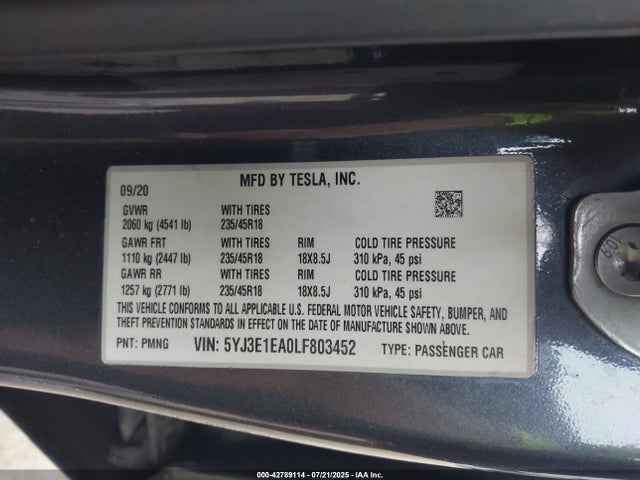 5YJ3E1EA0LF803452 Tesla MODEL 3