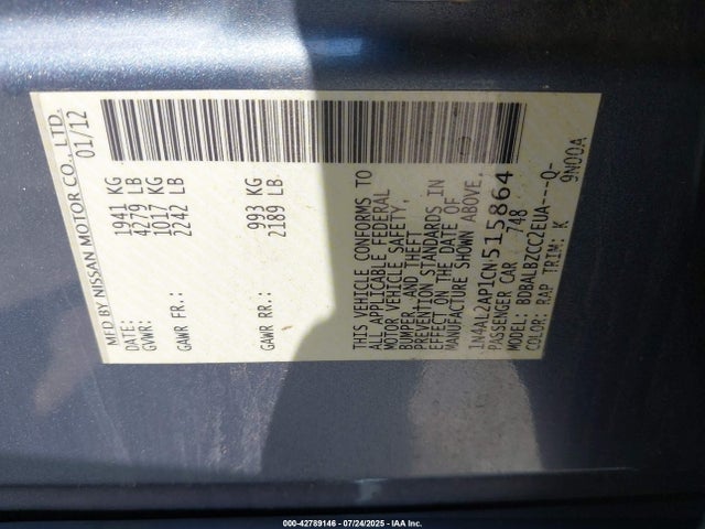 42789146 :رقم المزاد ، 1N4AL2AP1CN515864 vin ، 2012 Nissan Altima 2.5 S مزاد بيع