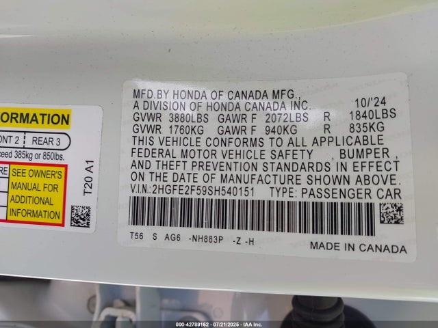 Honda k20c9 2025 2HGFE2F59SH540151 Image 9