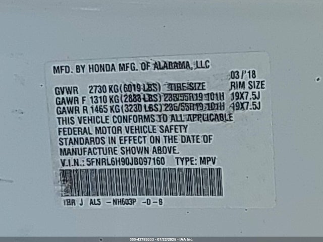 Honda j35y7 2018 5FNRL6H90JB097160 Image 9