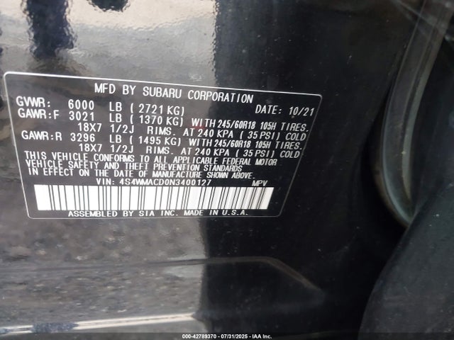 4S4WMACD0N3400127 Subaru Ascent