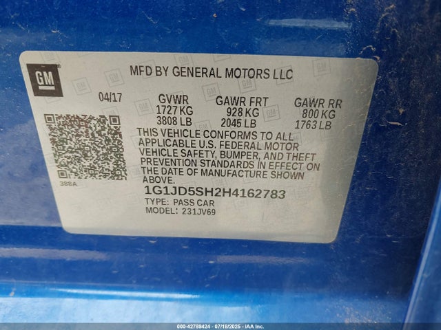 1G1JD5SH2H4162783 Chevrolet luw - mfi, e85 max