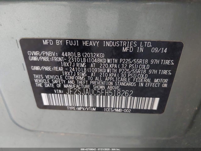 Subaru 2.5na u5 2015 JF2SJAUC5FH518262 Image 9