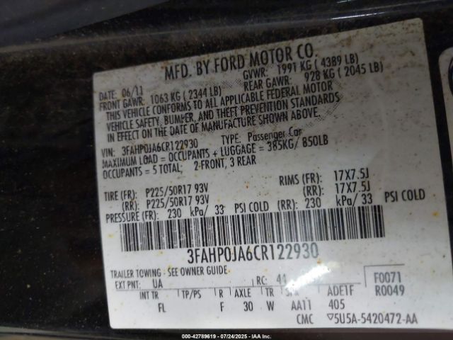 2012 FORD FUSION 3FAHP0JA6CR122930 Photo 8