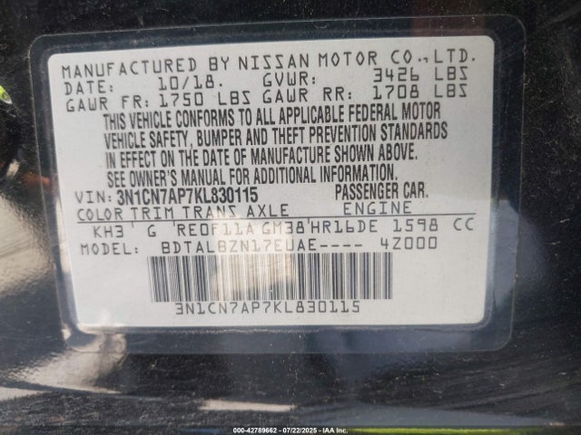 3N1CN7AP7KL830115 Nissan 2019