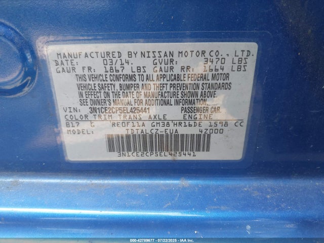 42789677 :رقم المزاد ، 3N1CE2CP5EL425441 vin ، 2014 Nissan Versa Note S Plus مزاد بيع