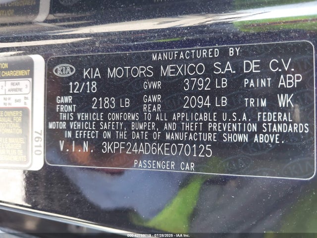 3KPF24AD6KE070125 KIA mpi nu