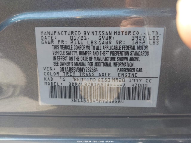 Aukcja sprzedaży 2021 Nissan Sentra S Xtronic Cvt, vin: 3N1AB8BV9MY232584, numer aukcji: 42789854