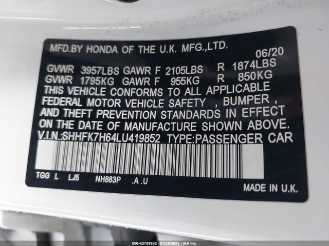 SHHFK7H64LU419852 Honda l15ba