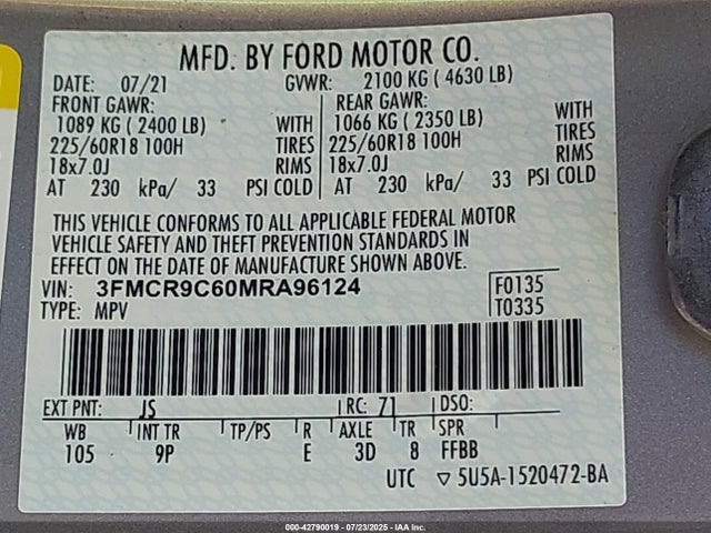 3FMCR9C60MRA96124 Ford dragon
