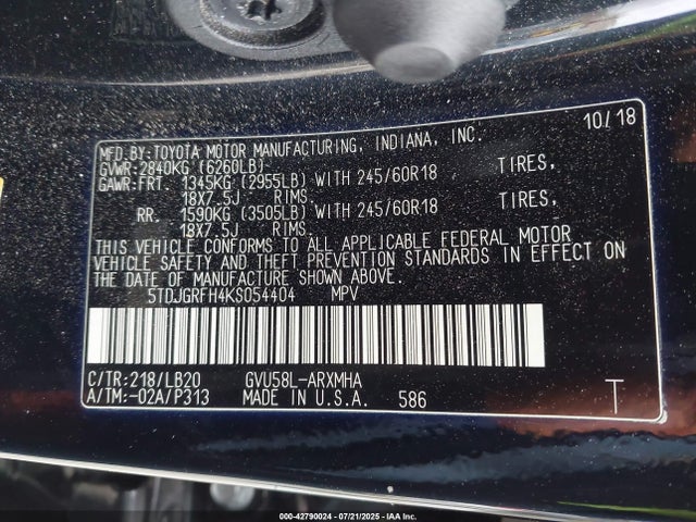 5TDJGRFH4KS054404 Toyota 2gr-fxs, 4jm+2fm