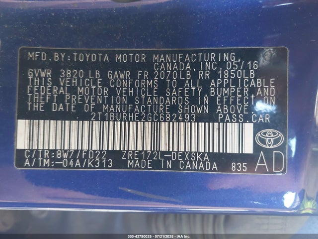 2T1BURHE2GC682493 Toyota 2zr-fe