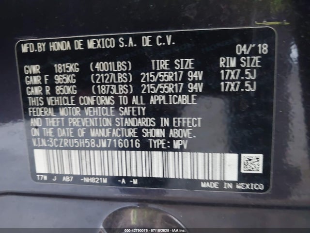 3CZRU5H58JM716016 Honda r18z9