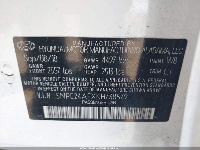 5NPE24AFXKH738579 Hyundai gdi theta-ii