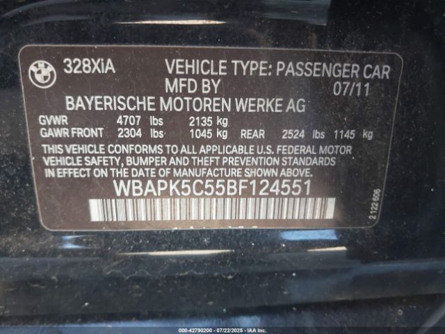 2011 BMW 328I WBAPK5C55BF124551 Photo 8