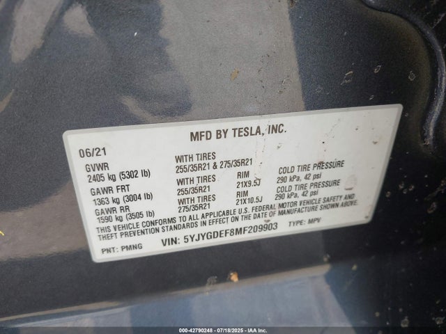 2021 TESLA MODEL Y 5YJYGDEF8MF209903 Photo 8