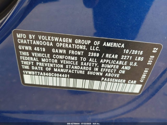 1VWBT7A34GC004401 Volkswagen 2016