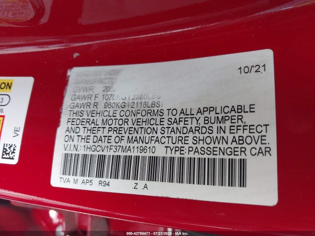 1HGCV1F37MA119610 Honda l15be