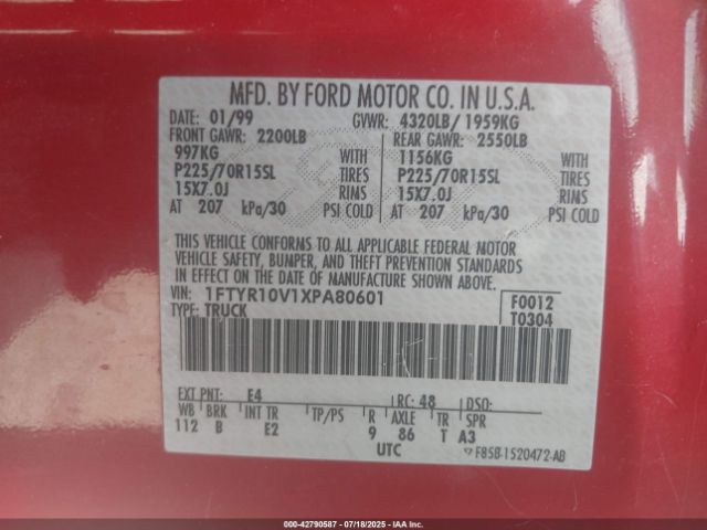 1999 FORD RANGER 1FTYR10V1XPA80601 Photo 8