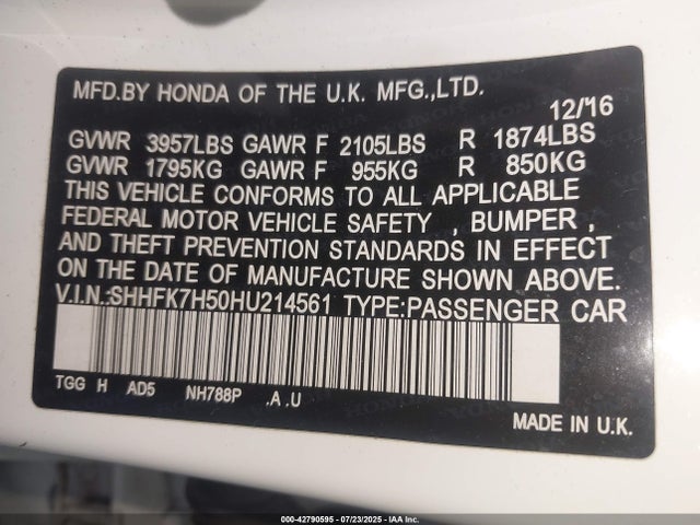 SHHFK7H50HU214561 Honda l15ba