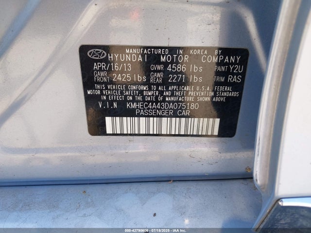 2013 Hyundai Sonata Hybrid Limited მანქანა იყიდება აუქციონზე, vin: KMHEC4A43DA075180, აუქციონის ნომერი: 42790606
