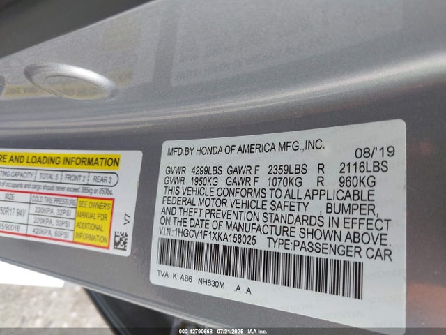1HGCV1F1XKA158025 Honda l15be