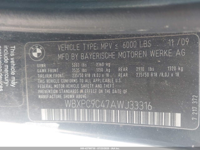 Aukcja sprzedaży 2010 Bmw X3 Xdrive30i, vin: WBXPC9C47AWJ33316, numer aukcji: 42790735