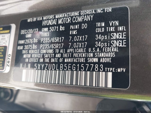 5XYZUDLB5EG157783 Hyundai gdi theta