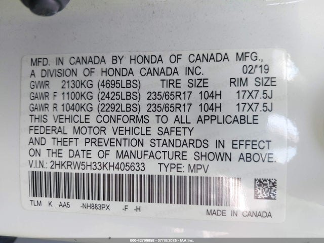 Honda k24w9/k24v9 2019 2HKRW5H33KH405633 Image 9