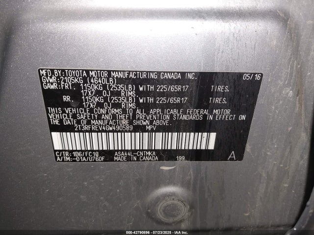Toyota 2ar-fe 2016 2T3RFREV4GW490589 Image 9