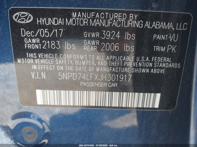 5NPD74LFXJH301917 Hyundai mpi nu