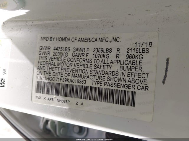 1HGCV1F39KA016363 Honda l15be