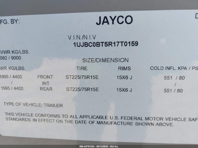 1UJBC0BT5R17T0159 Jayco Jayfl184bh
