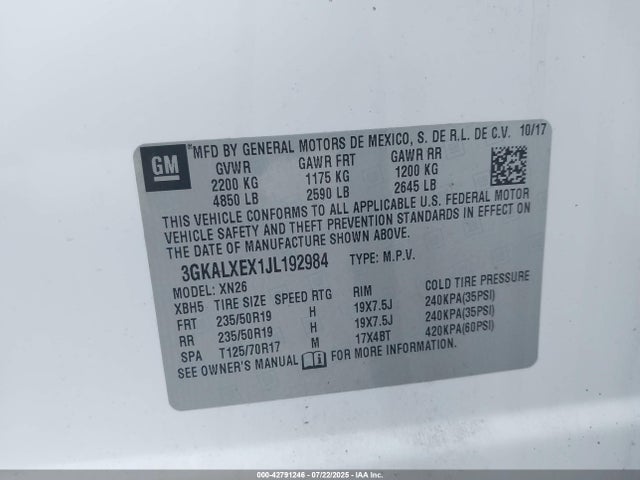 3GKALXEX1JL192984 GMC ltg - spark ignited direct injection, alum dohc, vvt, dcvcp turbo, e0-e100, alum