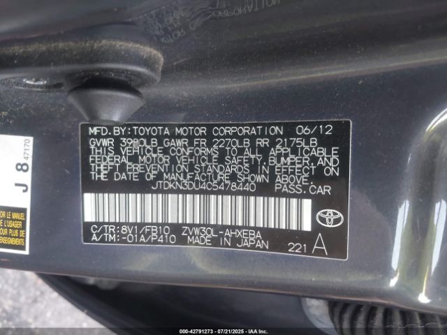2012 TOYOTA PRIUS JTDKN3DU4C5478440 Photo 8