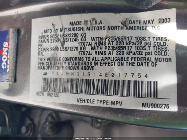 2004 MITSUBISHI ENDEAVOR 4A4MM31S14E017754 Photo 8