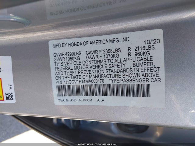 1HGCV1F14MA000170 Honda l15be