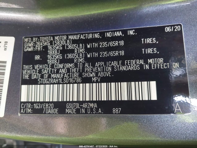 5TDGZRAH1LS016786 Toyota 2gr-fks