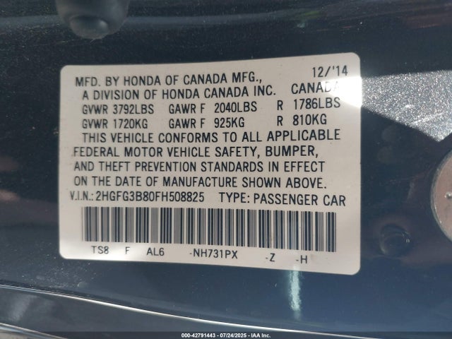2HGFG3B80FH508825 Honda r18z1