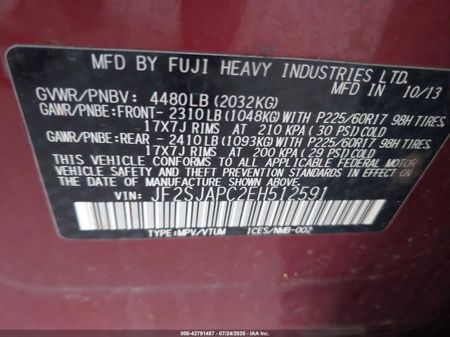 Subaru 2.5na u5 2014 JF2SJAPC2EH512591 Image 9