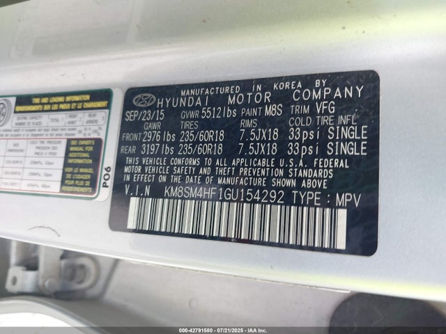 KM8SM4HF1GU154292 Hyundai gdi lambda ii